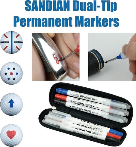 أقلام تحديد دائمة ذات طرف مزدوج لكرة الجولف والنادي، 6 عبوات، طرف مزدوج الجانب، مقاوم للماء، سريع الجفاف، مضاد للبهتان، 2 أسود 2 أزرق 2 أحمر مع حقيبة حمل in Kuwait
