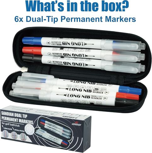 أقلام تحديد دائمة ذات طرف مزدوج لكرة الجولف والنادي، 6 عبوات، طرف مزدوج الجانب، مقاوم للماء، سريع الجفاف، مضاد للبهتان، 2 أسود 2 أزرق 2 أحمر مع حقيبة حمل in Kuwait