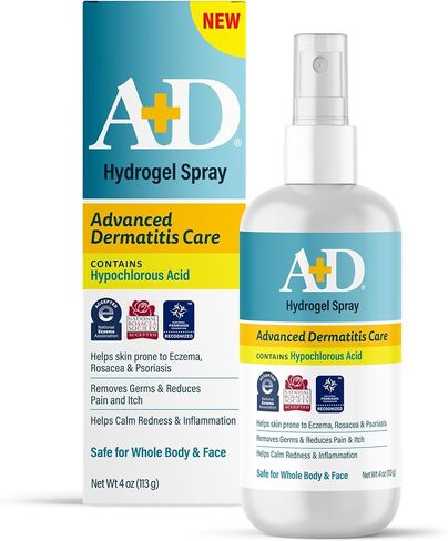 A+D Advanced Dermatitis Care Hydrogel Spray with Hypochlorous Acid 4 oz.– Cooling Antimicrobial Spray for Eczema, Psoriasis & Rosacea-Prone Skin, Reduces Itch, Redness & Inflammation in Kuwait