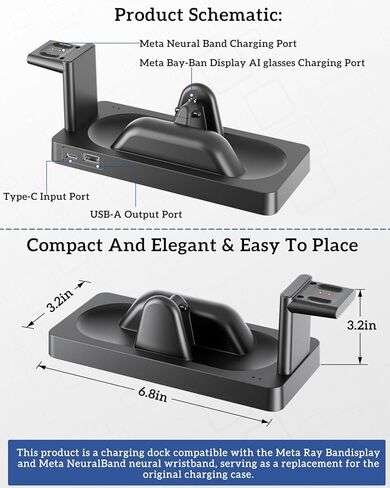 Charging Station for Meta Ray-Ban Display Glasses&for Meta Neural Band, Charger Dock for RayBan Met-A Display Smart Glasses Accessories「3-in-1 Charging,Compact,Status Indicator,Circuit Protection」 in Kuwait