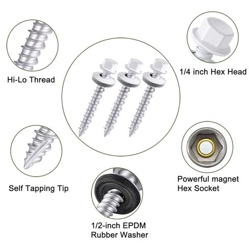 50 Pcs White #10 x 1-1/2" Metal Roofing Screws with EPDM Washer Hex Head Galvanized Self-Tapping Screws for They Can Be Used for Roofing Siding Fences Houses Porches or Sloping Roofs in Kuwait