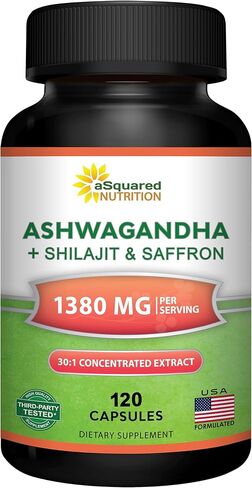 aSquared Nutrition Ashwagandha Supplements for Men & Women + Shilajit & Saffron - 120 Capsules - Pure Root Powder Complex - Pills Alternative to Gummies & Drops in Saudi Arabia