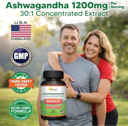 aSquared Nutrition Ashwagandha Supplements for Men & Women + Shilajit & Saffron - 120 Capsules - Pure Root Powder Complex - Pills Alternative to Gummies & Drops in Saudi Arabia