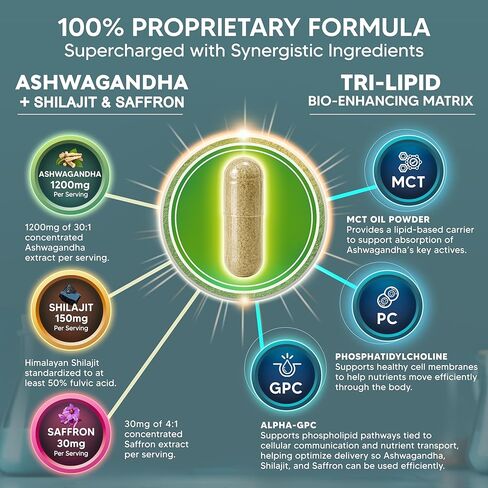 aSquared Nutrition Ashwagandha Supplements for Men & Women + Shilajit & Saffron - 120 Capsules - Pure Root Powder Complex - Pills Alternative to Gummies & Drops in Saudi Arabia