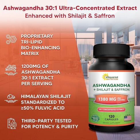 aSquared Nutrition Ashwagandha Supplements for Men & Women + Shilajit & Saffron - 120 Capsules - Pure Root Powder Complex - Pills Alternative to Gummies & Drops in Saudi Arabia