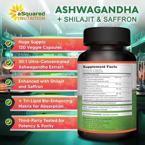aSquared Nutrition Ashwagandha Supplements for Men & Women + Shilajit & Saffron - 120 Capsules - Pure Root Powder Complex - Pills Alternative to Gummies & Drops in Saudi Arabia