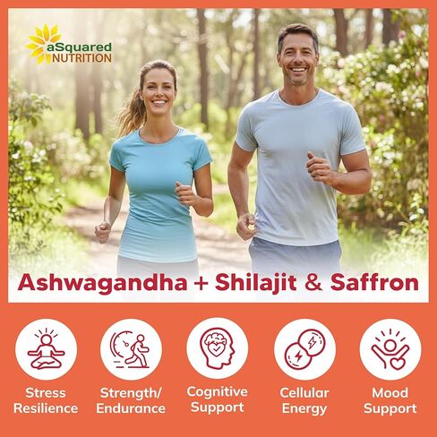 aSquared Nutrition Ashwagandha Supplements for Men & Women + Shilajit & Saffron - 120 Capsules - Pure Root Powder Complex - Pills Alternative to Gummies & Drops in Saudi Arabia