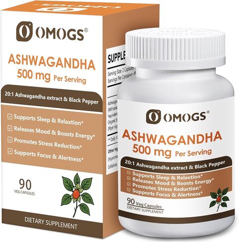OMOGS Organic Ashwagandha, Pure Herb Extract, Added Black Pepper, High Absorption, for Boosts Energy, Sleep, Focus, Stress Relief.& Immune Support, Non-GMO, 90 Vegetable Capsules in Kuwait