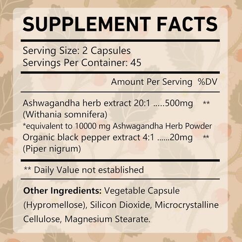 OMOGS Organic Ashwagandha, Pure Herb Extract, Added Black Pepper, High Absorption, for Boosts Energy, Sleep, Focus, Stress Relief.& Immune Support, Non-GMO, 90 Vegetable Capsules in Kuwait