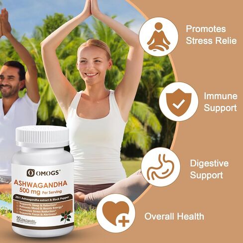 OMOGS Organic Ashwagandha, Pure Herb Extract, Added Black Pepper, High Absorption, for Boosts Energy, Sleep, Focus, Stress Relief.& Immune Support, Non-GMO, 90 Vegetable Capsules in Kuwait