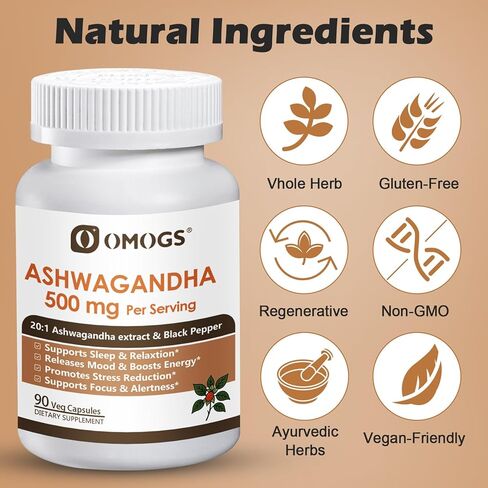 OMOGS Organic Ashwagandha, Pure Herb Extract, Added Black Pepper, High Absorption, for Boosts Energy, Sleep, Focus, Stress Relief.& Immune Support, Non-GMO, 90 Vegetable Capsules in Kuwait