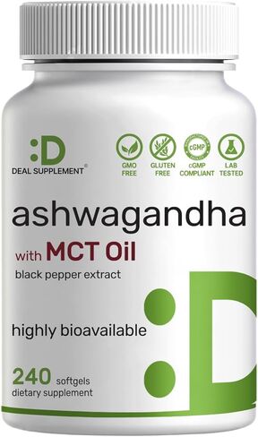 DEAL SUPPLEMENT Ashwagandha Extract with Black Pepper Extract, 240 Softgels – Ayurvedic Root Extract with Added MCT Oil – Active Withanolides – Non-GMO, Lab Tested in Saudi Arabia