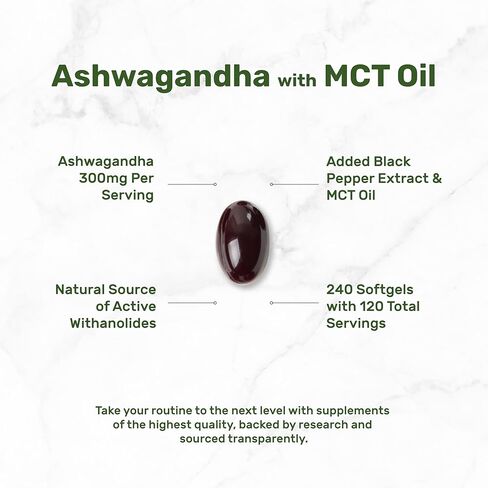 DEAL SUPPLEMENT Ashwagandha Extract with Black Pepper Extract, 240 Softgels – Ayurvedic Root Extract with Added MCT Oil – Active Withanolides – Non-GMO, Lab Tested in Saudi Arabia