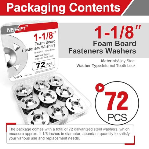 1-1/8 بوصة غسالات تثبيت ألواح الرغوة، مثبتات ألواح الرغوة لتركيب وتثبيت ألواح الرغوة العازلة، 72 قطعة in Kuwait