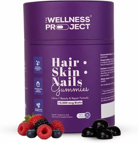The Wellness Project 14-in-1 Hair, Skin & Nails Gummies with 10,000 mcg Biotin, Keratin, Hyaluronic & Folic Acid, Vitamins A, B5, B6 & B12 & Sea Buckthorn | for Women & Men | Tasty Mixed Berry Flavor in Saudi Arabia