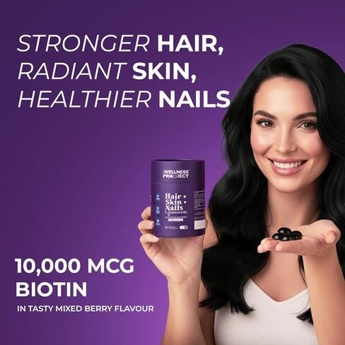 The Wellness Project 14-in-1 Hair, Skin & Nails Gummies with 10,000 mcg Biotin, Keratin, Hyaluronic & Folic Acid, Vitamins A, B5, B6 & B12 & Sea Buckthorn | for Women & Men | Tasty Mixed Berry Flavor in Saudi Arabia