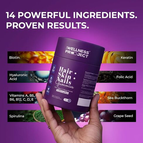 The Wellness Project 14-in-1 Hair, Skin & Nails Gummies with 10,000 mcg Biotin, Keratin, Hyaluronic & Folic Acid, Vitamins A, B5, B6 & B12 & Sea Buckthorn | for Women & Men | Tasty Mixed Berry Flavor in Saudi Arabia