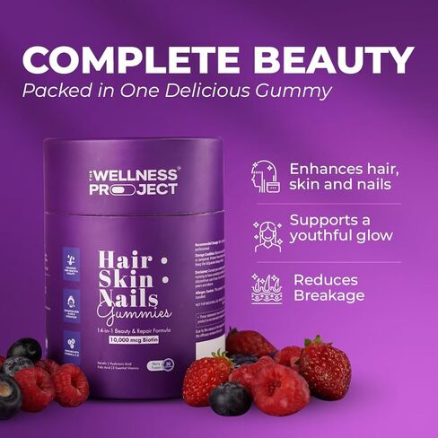 The Wellness Project 14-in-1 Hair, Skin & Nails Gummies with 10,000 mcg Biotin, Keratin, Hyaluronic & Folic Acid, Vitamins A, B5, B6 & B12 & Sea Buckthorn | for Women & Men | Tasty Mixed Berry Flavor in Saudi Arabia