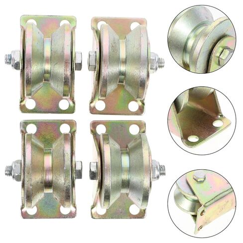 SEWACC 4pcs V-Groove Steel Rail Wheels Heavy Duty Inverted Track Rollers for Sliding Gates with Pressure Bearing Wire Rope Pulley Blocks in Saudi Arabia