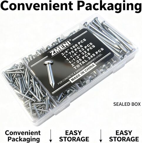 Nails for Hanging Pictures & Picture Hanging Nails on Concrete Wall - 345-Piece Masonry Nails Assortment Kit (5 Sizes: 3/4" to 2"), Harder Than Regular, Galvanized for Brick, Drywall with Storage Box in Saudi Arabia