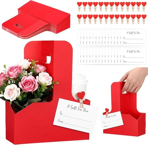 Janlaugh 90 Pcs Kraft Paper Drink Carrier Set, Drink Carrier 2 Cup with Handle, Heart-Shaped Clips and Mini Gift Cards, Foldable Beverage Tray for Valentine's Mother's Day Weddings Parties(Brown) in Saudi Arabia