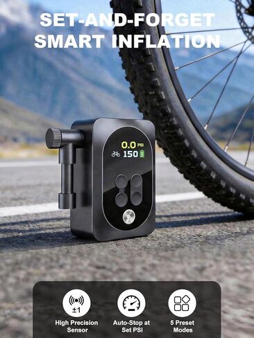 150PSI Electric Bike Pump with LED Light – Portable Cordless Bicycle Tire Inflator, 1400mAh Battery, 5 Preset Modes & Auto Stop – for Road MTB E-Bike Motorcycle & Sports Balls – Presta Schrader Valve in Kuwait