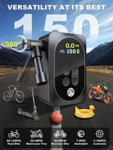 150PSI Electric Bike Pump with LED Light – Portable Cordless Bicycle Tire Inflator, 1400mAh Battery, 5 Preset Modes & Auto Stop – for Road MTB E-Bike Motorcycle & Sports Balls – Presta Schrader Valve in Kuwait