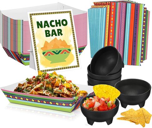 57 Pcs Nacho Bar Kit 50 Mexican Tortilla Chips Paper Snack Trays 6 Plastic Salsa Bowls Nacho Bar Table Sign Stand for Taco Tuesday Mexico Fiesta Cinco De Mayo Football Party Snacks Supplies in Saudi Arabia