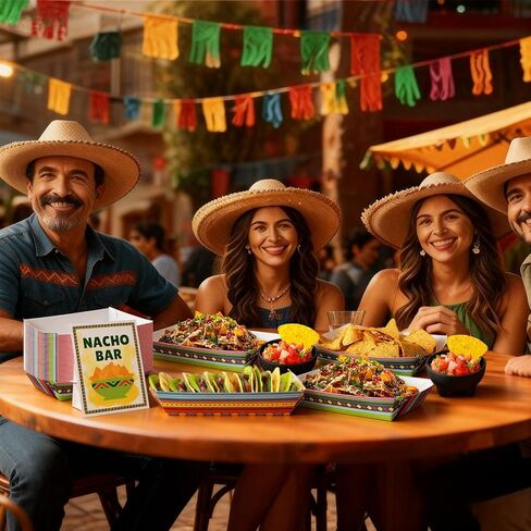 57 Pcs Nacho Bar Kit 50 Mexican Tortilla Chips Paper Snack Trays 6 Plastic Salsa Bowls Nacho Bar Table Sign Stand for Taco Tuesday Mexico Fiesta Cinco De Mayo Football Party Snacks Supplies in Saudi Arabia