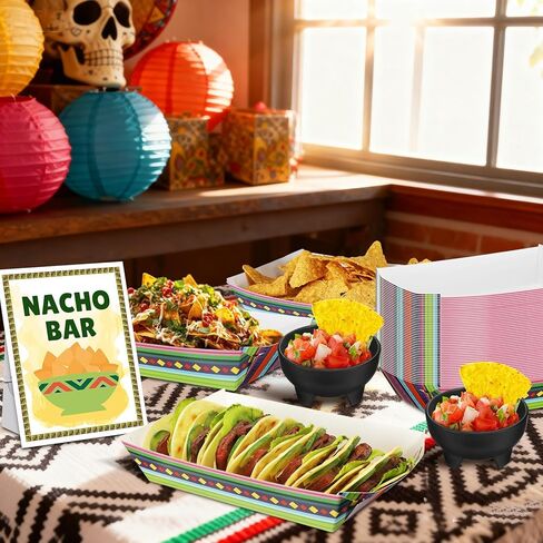 57 Pcs Nacho Bar Kit 50 Mexican Tortilla Chips Paper Snack Trays 6 Plastic Salsa Bowls Nacho Bar Table Sign Stand for Taco Tuesday Mexico Fiesta Cinco De Mayo Football Party Snacks Supplies in Saudi Arabia