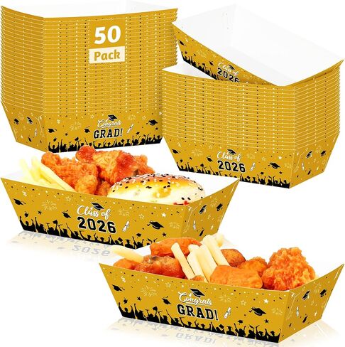 50 Pcs Graduation Decorations 2026, 2 Styles Graduation Food Trays Blue Serving Trays, Congrats Grad Class of 2026 Disposable Paper Plates Easy to Assemble Grad Table Decor Hot Dog for Party Supplies in Kuwait