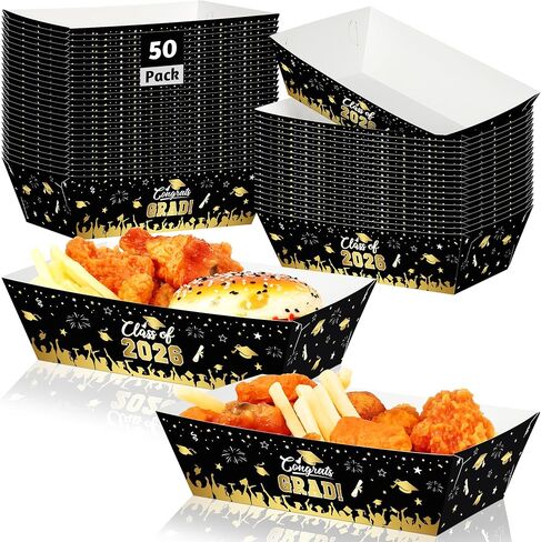 50 Pcs Graduation Decorations 2026, 2 Styles Graduation Food Trays Blue Serving Trays, Congrats Grad Class of 2026 Disposable Paper Plates Easy to Assemble Grad Table Decor Hot Dog for Party Supplies in Saudi Arabia