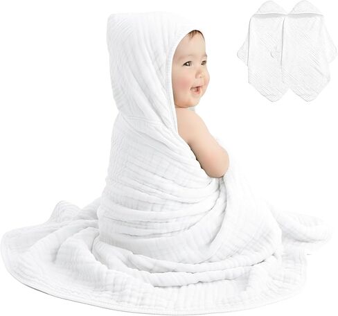 david's kids 2 Pack Hooded Baby Towels, 100% Muslin Cotton Baby Bath Towels, Ultra Soft Breathable Absorbent Towels for Infant Toddler and Kids, Newborn Essentials, Large 32x32Inch, Dinosaur in Kuwait