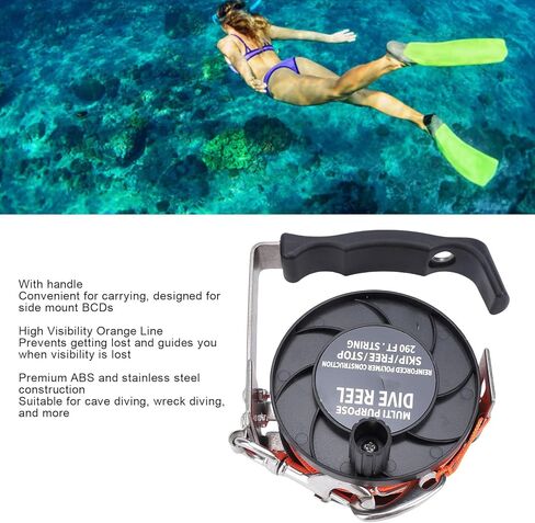 Dive Reel, Drift Diving Reel, ABS Stainless Steel Dive with Comfortable Handle 290FT High Visibility Orange Line Diving for BCD Underwater Cave Wreck (Black) in Saudi Arabia