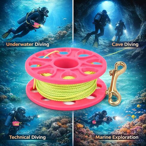 Dive Reel with 30 Meters Fluorescent Line, Plastic Material, Copper Double Ended P Hook - Lightweight Durable Design, Corrosion Resistant, Ideal for Kayak Anchor System and Scuba (Pink) in Saudi Arabia