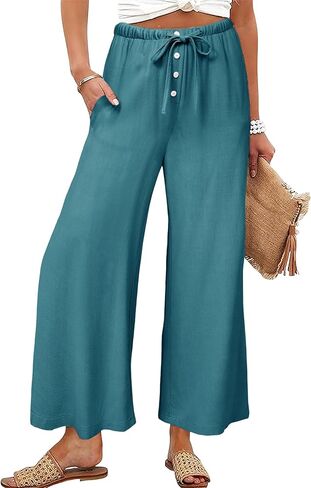 Fiona Jolin Womens Cotton Linen Pants Summer Casual Beach Pants Drawstring Flowy Wide Leg Palazzo Trousers with Pockets in Kuwait