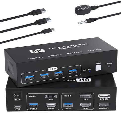 8K@60Hz HDMI DisplayPort KVM Switch 2 مراقب 2 أجهزة كمبيوتر ، 4K@120Hz USB3.0 Dual Monitor HDMI KVM Display Port لشاشتان 2 شاشات و 4 أجهزة USB لطابعة Keybord Mouse in Kuwait