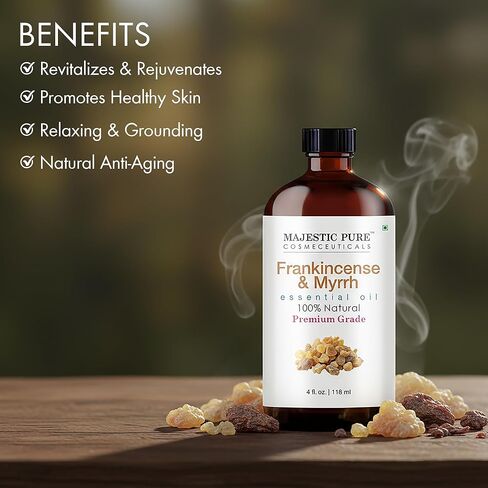 Majestic Pure Frankincense & Myrrh Essential Oil Blend 4 Fl Oz - Warm Resinous Scent for Diffuser, Home & Relaxation - Pure Botanical Oils - Blend-Friendly for Massage & Skin Use (Diluted) in Kuwait