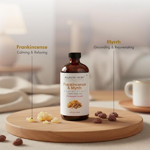 Majestic Pure Frankincense & Myrrh Essential Oil Blend 4 Fl Oz - Warm Resinous Scent for Diffuser, Home & Relaxation - Pure Botanical Oils - Blend-Friendly for Massage & Skin Use (Diluted) in Kuwait