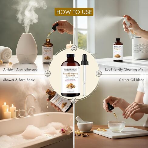 Majestic Pure Frankincense & Myrrh Essential Oil Blend 4 Fl Oz - Warm Resinous Scent for Diffuser, Home & Relaxation - Pure Botanical Oils - Blend-Friendly for Massage & Skin Use (Diluted) in Kuwait