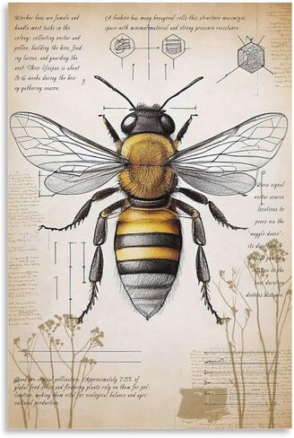 VMXWLL Large Vintage Honey Bee Wall Art - Scientific Entomology Canvas Print - Rustic Farmhouse & Dark Academia Room Decor - Aesthetic Insect Anatomy Poster - Unframed 16x24 Inch in Saudi Arabia