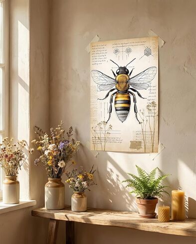 VMXWLL Large Vintage Honey Bee Wall Art - Scientific Entomology Canvas Print - Rustic Farmhouse & Dark Academia Room Decor - Aesthetic Insect Anatomy Poster - Unframed 16x24 Inch in Saudi Arabia