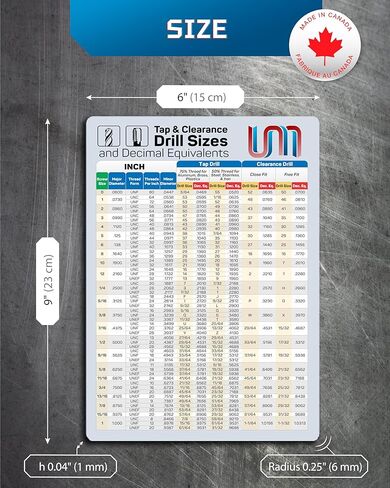 مغناطيس مفيد | أحجام الحفر والتخليص بوصة والرسم البياني المغناطيسي العشري | ورقة دليل الحفر المغناطيسي كمرجع سريع | ملصقات لأحجام مثقاب الحفر والتخليص للأعمار من 0-80 إلى 1-20، UNC، UNF | 6 "× 9" in Kuwait