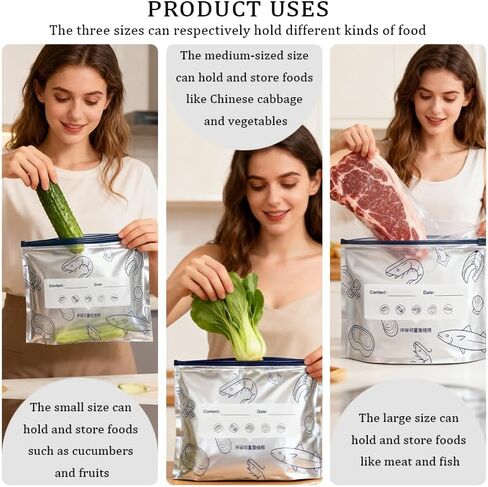 30Pcs Reusable Aluminum Foil Sealable Storage Bags, Upgrade Reusable Food Storage Bags with Label and Zip Lock, Aluminum Foil Bags for Food, Vegetable Fruit Meat (10*S+10*M+10*L) in Saudi Arabia