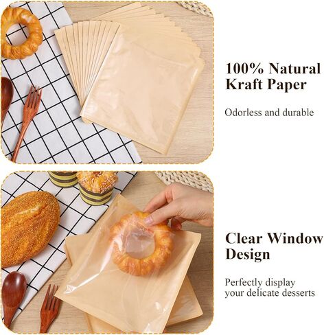 300 Pcs Bakery Bags with Window, 7.1"x 7.5" Paper Sandwich & Donut Bags with Window, Grease Resistant To Go Sleeves for Packaging Snack, Scone, Brownie, Small Pastries and other Treats in Saudi Arabia