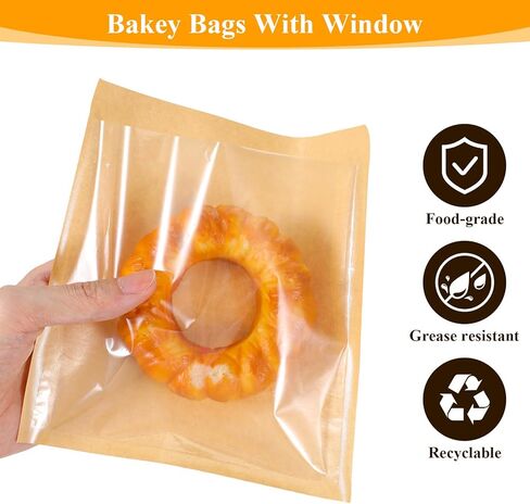 300 Pcs Bakery Bags with Window, 7.1"x 7.5" Paper Sandwich & Donut Bags with Window, Grease Resistant To Go Sleeves for Packaging Snack, Scone, Brownie, Small Pastries and other Treats in Saudi Arabia