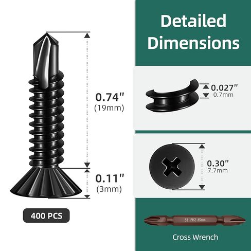 400Pcs #8 x 3/4" Self Tapping Screws for Metal, Black 410 Stainless Steel Serrated Flat Head Self Drilling Sheet Metal Screws for Aluminum Steel Furniture Windows Ceilings Slidings Railings in Kuwait