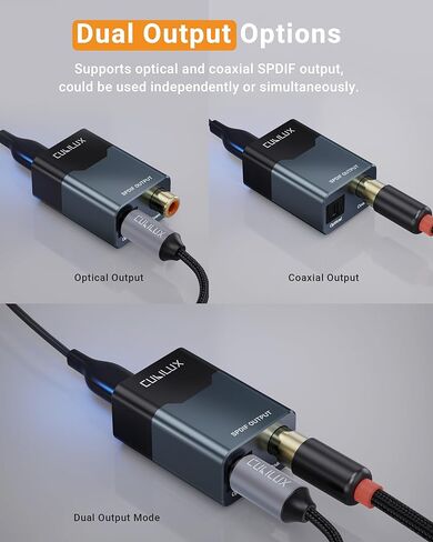 Cubilux USB to Toslink & Coaxial SPDIF Adapter, Supports Stereo & 5.1 Surround Sound, 192kHz/24bit Digital Audio Output, USB Optical/Coax Transmitter for Laptop, PC, AV Receiver, Home Theater in Saudi Arabia