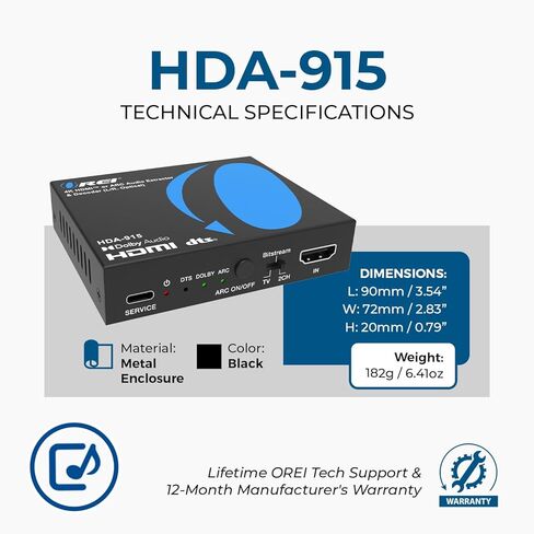 OREI 4K@60Hz HDMI Audio Extractor & Decoder with ARC, HDCP 2.2, HDR (Dolby Vision/ HDR10+/ HLG), 18Gbps, Optical SPDIF & Analog L/R Audio Out, Downmix, CEC Pass-Through (HDA-915) in Saudi Arabia