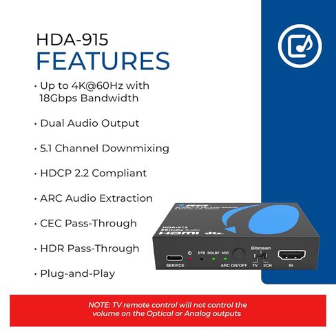 OREI 4K@60Hz HDMI Audio Extractor & Decoder with ARC, HDCP 2.2, HDR (Dolby Vision/ HDR10+/ HLG), 18Gbps, Optical SPDIF & Analog L/R Audio Out, Downmix, CEC Pass-Through (HDA-915) in Saudi Arabia